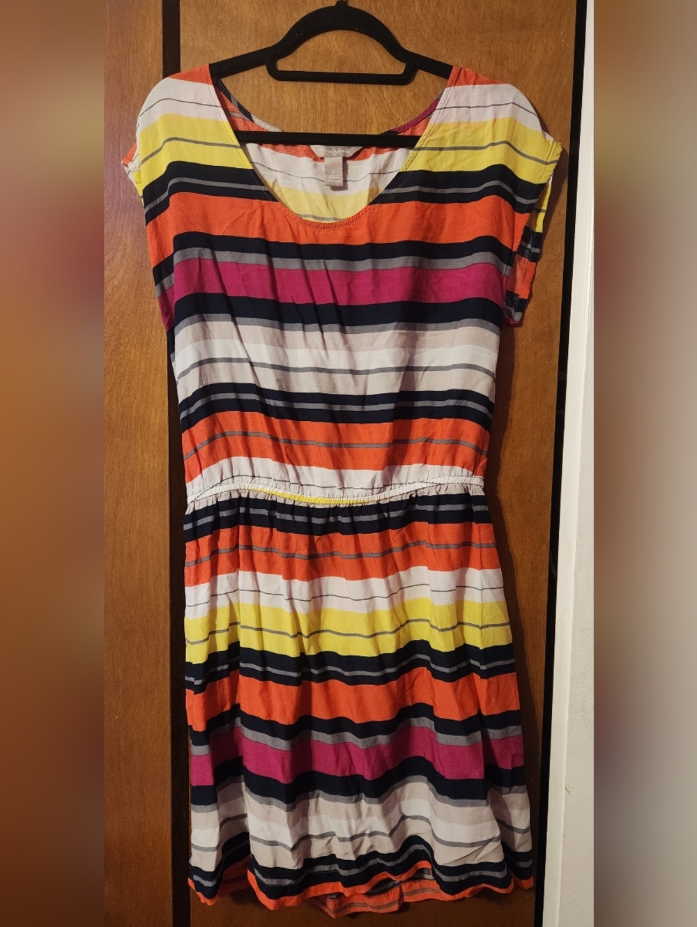 Striped Scoop Neck Summer Dress in Orange, Yellow, Pink & Navy